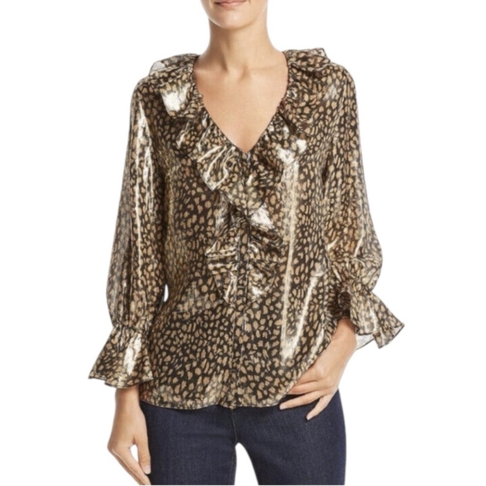 Alice + Olivia Black and Gold Silk Blend Cheetah Print Ruffle Blouse Size S